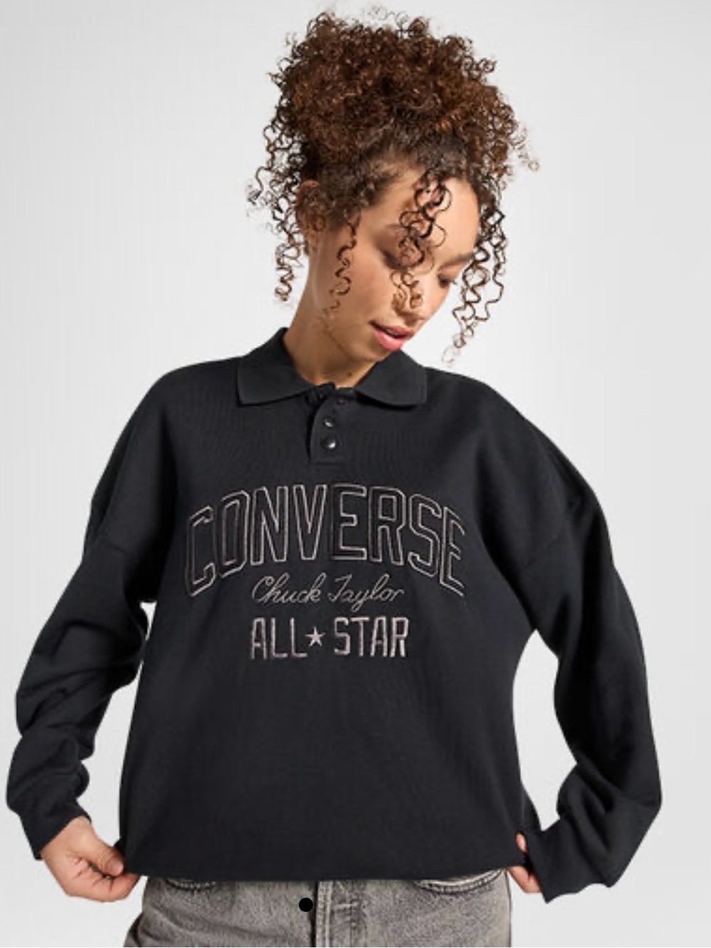 Converse Retro Polo Crew XS Women Black Logo Sweatshirt Long Sleeve